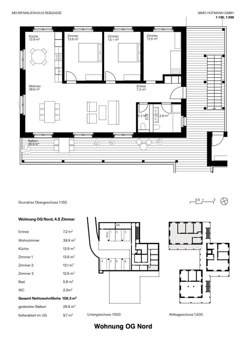 Living room, kitchen, 3 bedrooms, 1 bathroom, balcony, garage, cellar