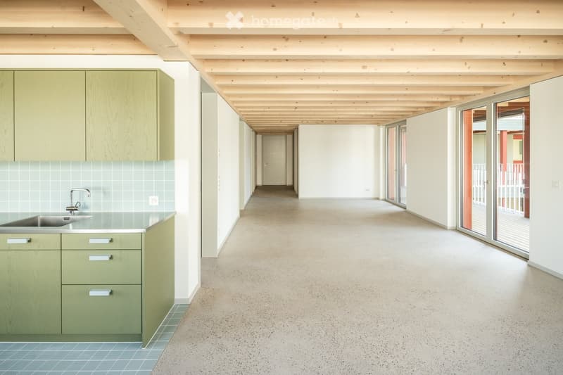 kitchen, empty hallway, glass door, balcony