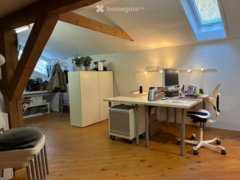wooden floor, white walls, ceiling with skylight, desk with monitor, adjustable chair, cabinet, shelves, baskets, basket on the floor, plants, lamps