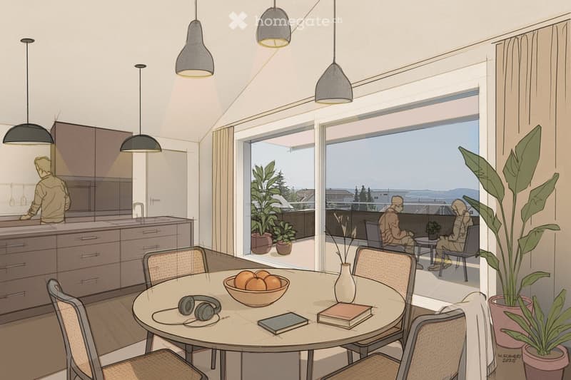 Open dining and kitchen area, large windows, balcony with city view, wooden table, chairs, indoor plants, kitchen counter, person cooking