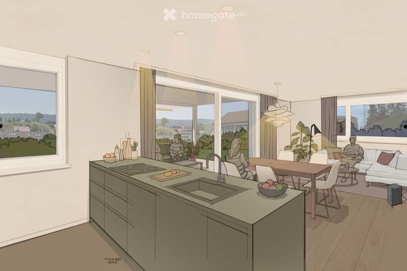 Open kitchen, living room, dining room, windows, sliding doors to terrace