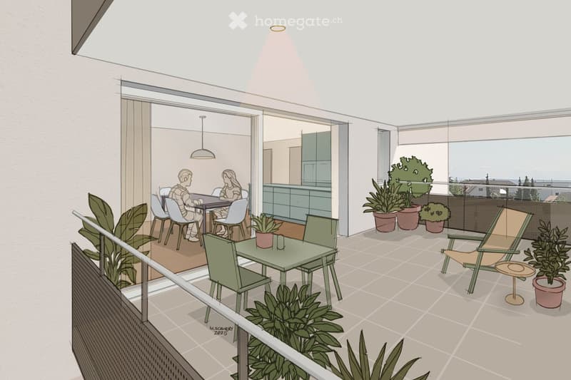 outdoor area with dining table, dining chairs, a lounge chair, small tables, and potted plants