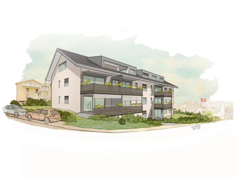 multi-storey house with balconies, white exterior, grey roof, surrounded by greenery and a small garden area
