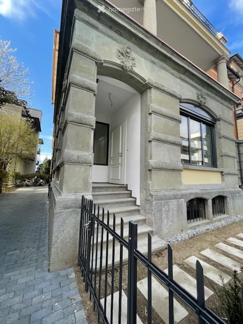 Stone facade, white door, black fence, stairs, windows, paved pathway