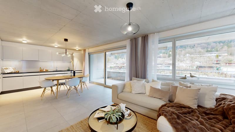 white kitchen, dining table with 6 chairs, beige couch, round coffee table, glass balcony doors, white curtains, view of the city, lamps