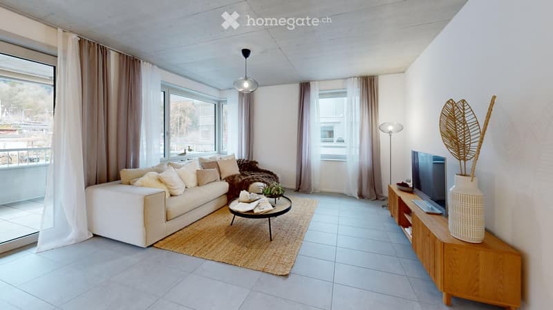 open plan living room with couch, coffee table, flatscreen tv, floor lamp, rug, large windows