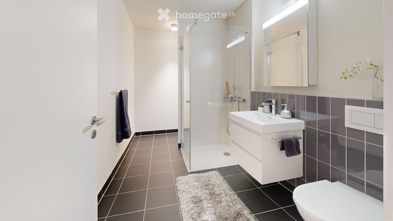 Modern bathroom with white vanity, modern shower, white tiles, white floor, black and gray walls