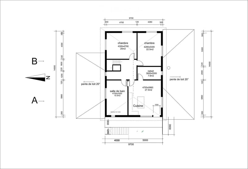 Floor plan showing a layout with two bedrooms, a bathroom, a kitchen, and a hallway. Dimensions and room labels are provided.