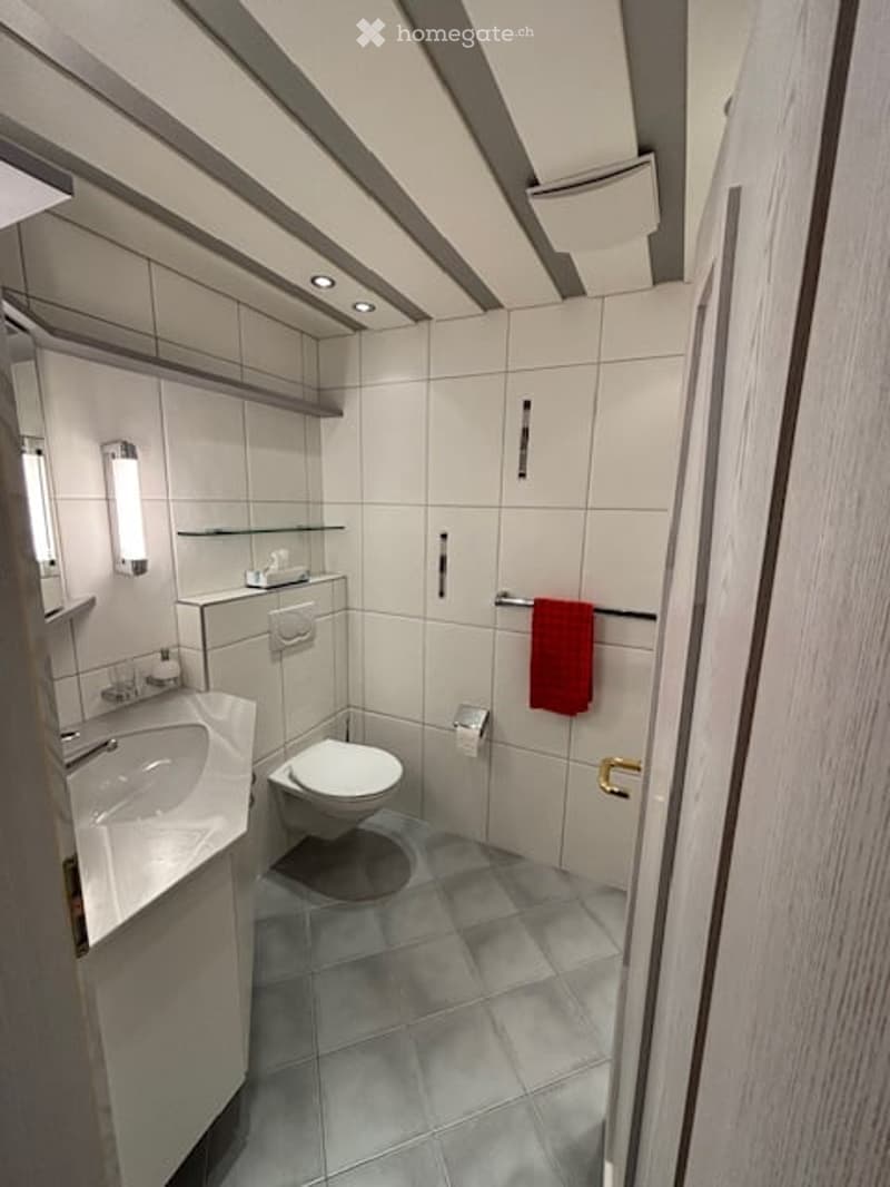 Compact bathroom with a white toilet, sink, and a shower curtain