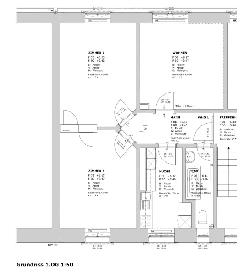 1st floor layout with two bedrooms, kitchen, bathroom, hallway, and a staircase leading to the ground floor