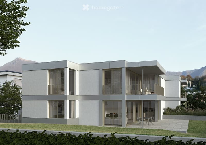 Modern architectural design, contemporary style, white exterior, large windows, two-story building, terrace, landscaped garden