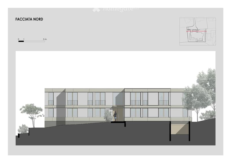 Ground floor with entrance, balconies, and a small garden; each floor has windows and balconies.