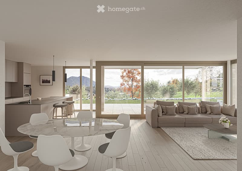 modern living room with kitchen, dining table, chairs, sofa, coffee table, rug, windows, doors, view