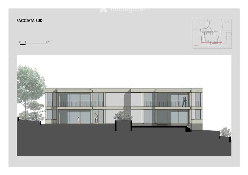 4 stories, glass exterior, balconies, staircase, terraces