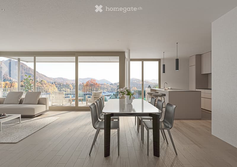 Open concept layout, dining area with white table, balcony with railings, large windows, couch, carpet, modern style