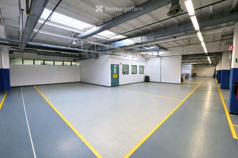 empty garage with white and gray floor, windows, doors, ceiling and metal beams