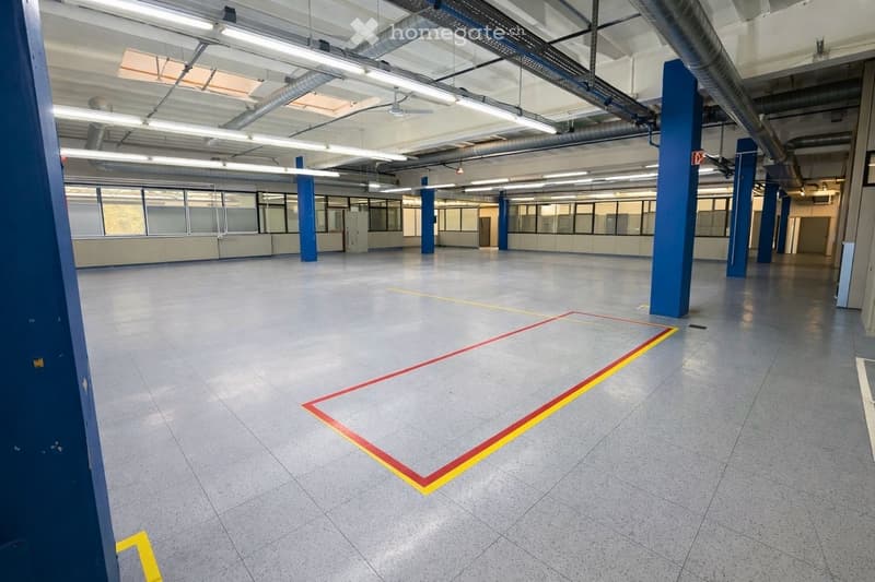 Large open space, blue columns, metal pipes on ceiling, ceiling fans, windows, floor markings, empty environment