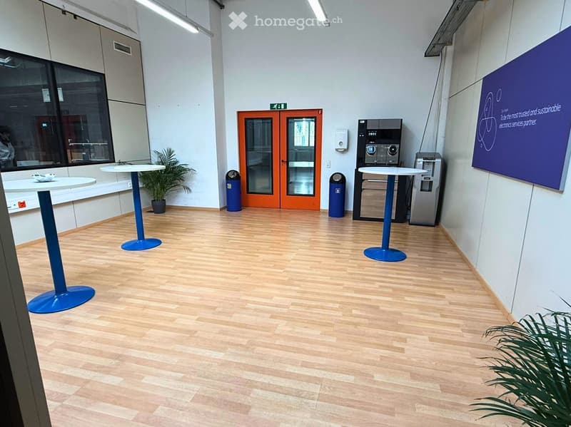 Modern interior, wood floor, round tables, large window, orange door, plant, sign