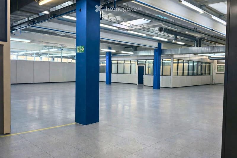 empty room, fluorescent ceiling lights, blue pillars, white tiled floor, yellow line on floor, white walls with windows