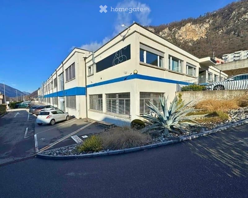 Two-story building, white exterior, blue stripe, glass windows, multiple parking spaces, landscaped area, street, green vegetation, mountain view