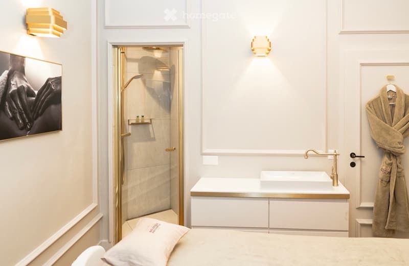 Bathroom with a shower, sink, and a bed with pillow