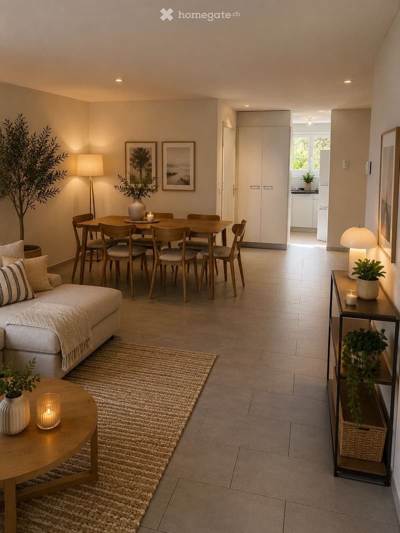 Modern living and dining area with a sofa, coffee table, dining table with chairs, side table, floor lamp, and decorative vases.