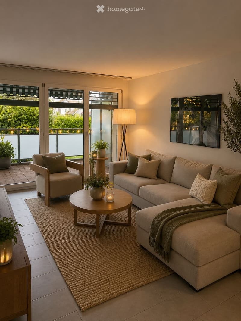Modern living room with a beige sectional sofa, armchair, coffee table, floor lamp, and large windows opening to a balcony.