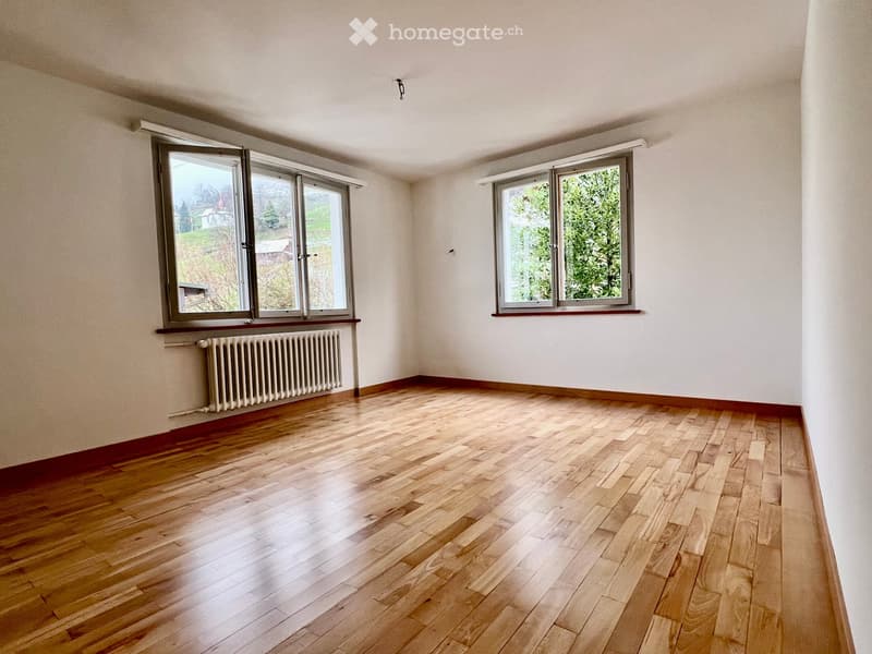 empty room, wooden floors, two windows, white walls, white radiator