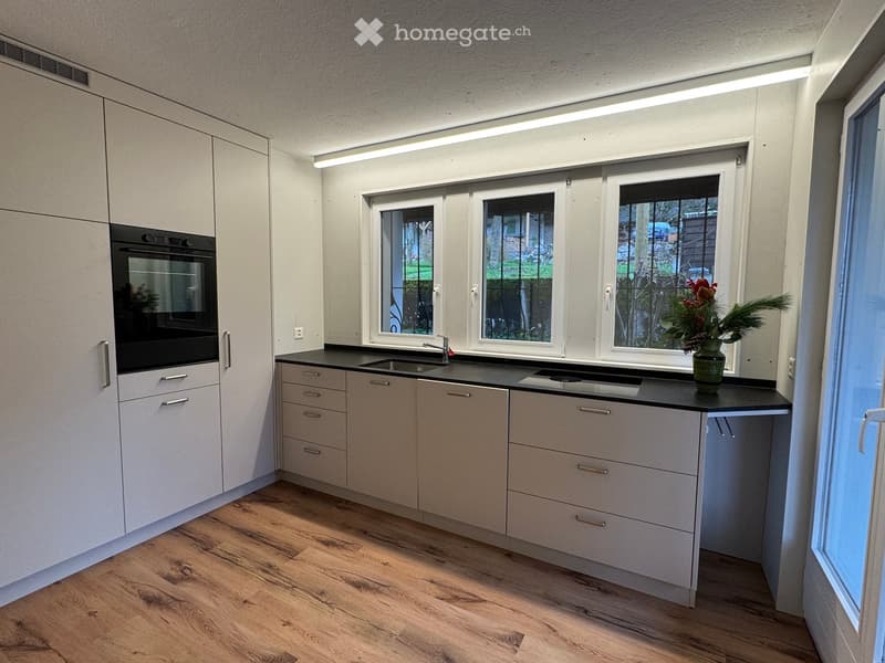 modern kitchen with integrated appliances, white cabinets, wooden floor, sink, built-in oven, large windows