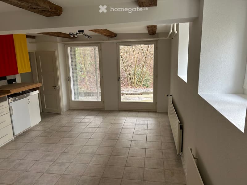 tiled floor, white cabinets, radiators, large double doors, flag on wall