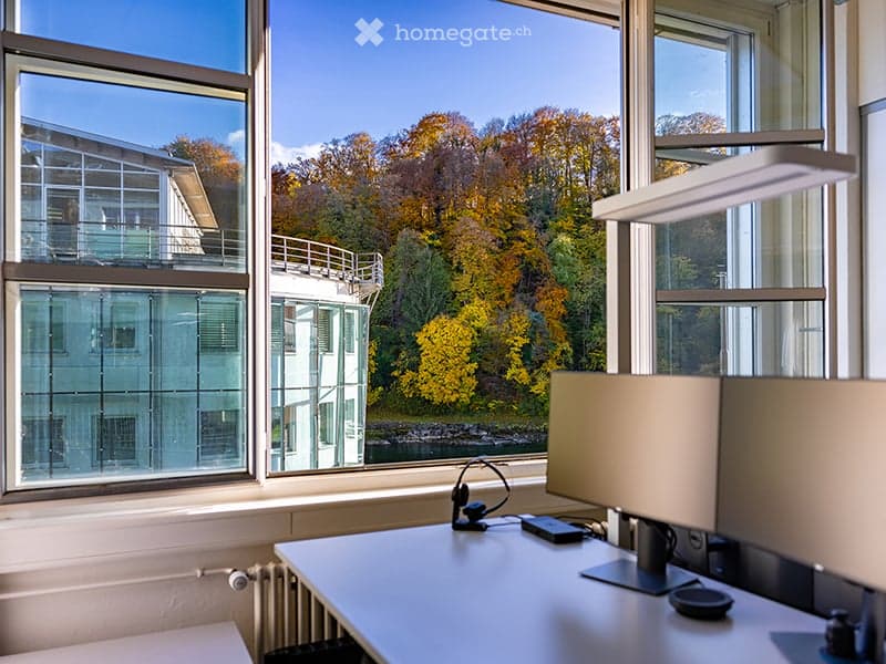 an office room with large window with a view of trees and a river