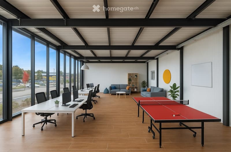 open space, wooden floor, white walls, black metal frames, desks with computers, ping pong table, couches, whiteboard, plants