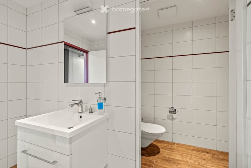 Bathroom: white tiles, white sink, white toilet, wooden floor