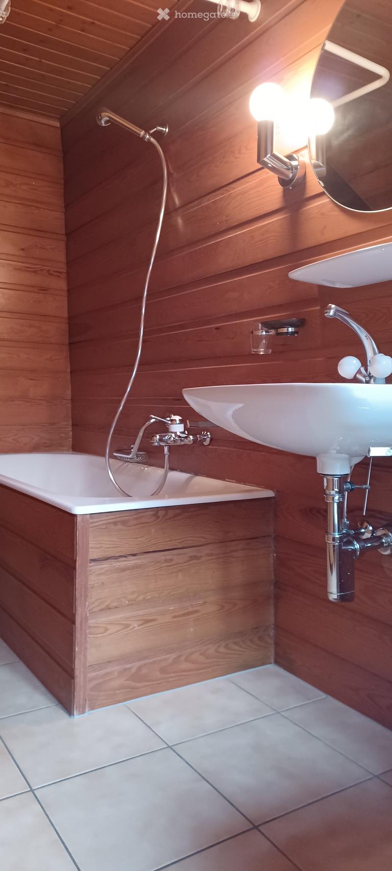 Bathroom with bathtub, sink, shower head, and wall-mounted mirror and lights.