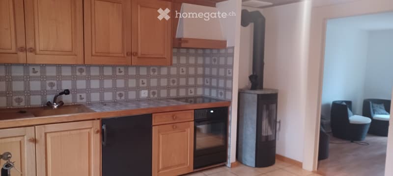 kitchen, wooden cabinets, fireplace, sink, oven, tiled flooring