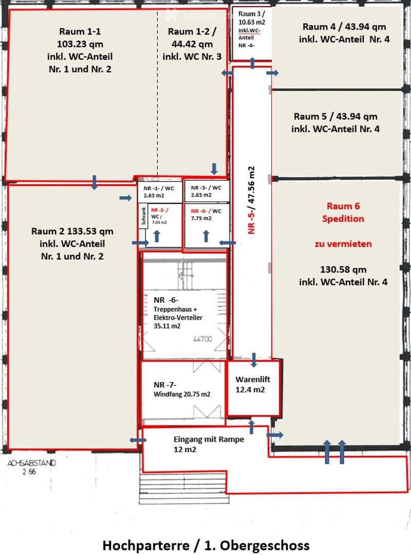 Floor plan of the first upper floor showing seven rooms, including a storage area, staircase, and elevator. Dimensions and room numbers are labeled.