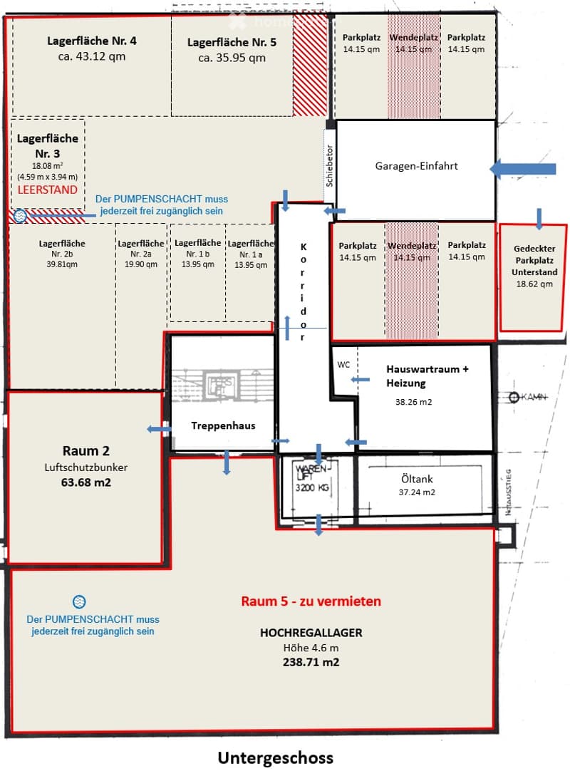 Floor plan of the basement level showing multiple storage areas, parking spaces, utility room, stairwell, and oil tank.