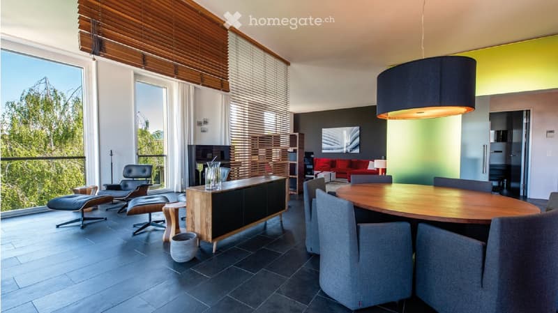 Dining table, modern furniture, grey upholstery, large window, open space, trees in background