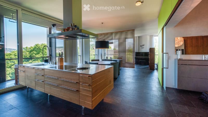 central kitchen island, wooden cupboards, stainless steel counters, glass double doors, sliding glass doors to terrace, ceiling lamps, large windows