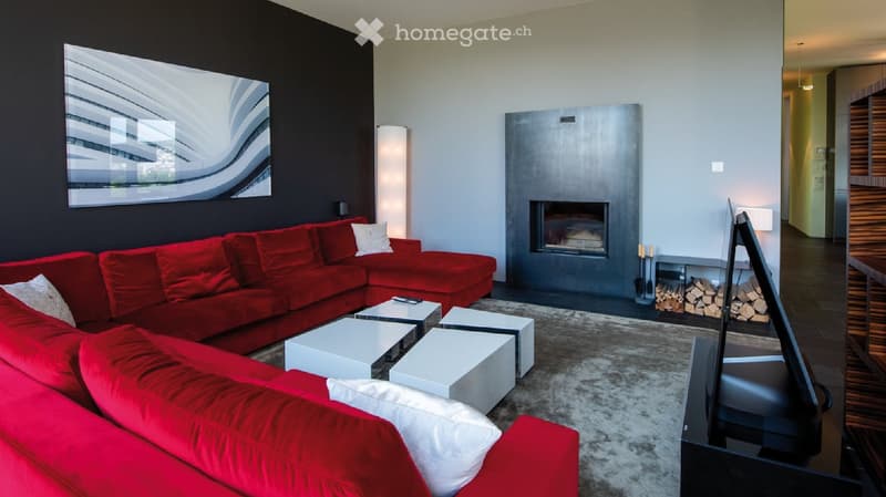 modern decor, red velvet sofa, fireplace, white coffee tables, artwork