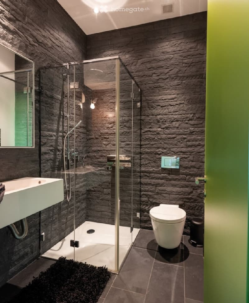 Bathroom features glass walk-in shower, black walls, white bathtub, white toilet, green rug, and modern fixtures.