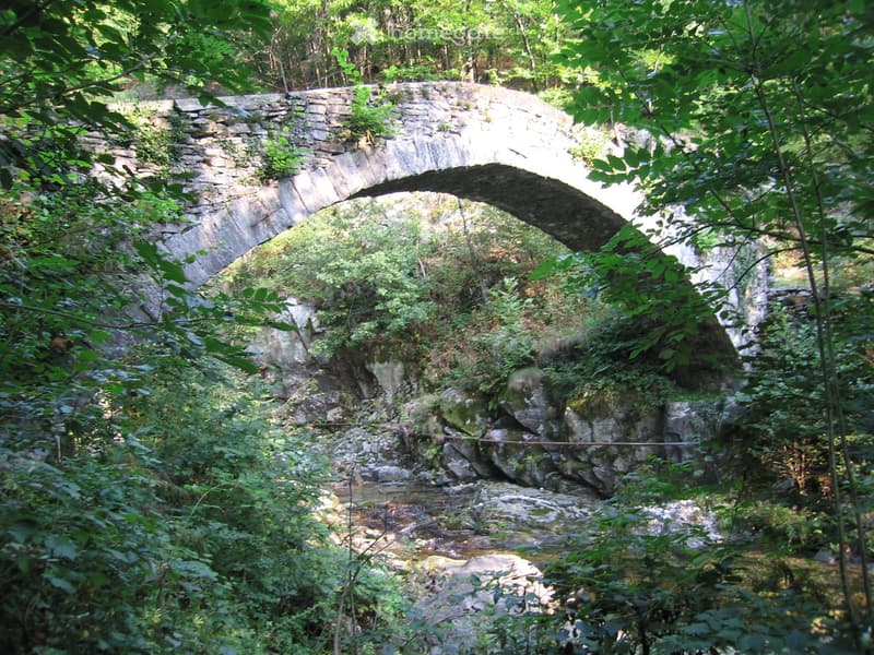 stone bridge with an arch, lush greenery, stream