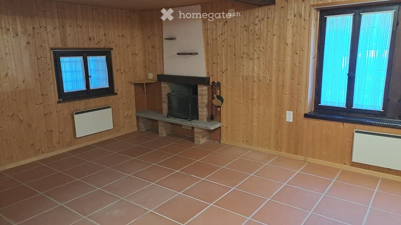wooden walls, fireplace, tiled floor, two windows, two heaters
