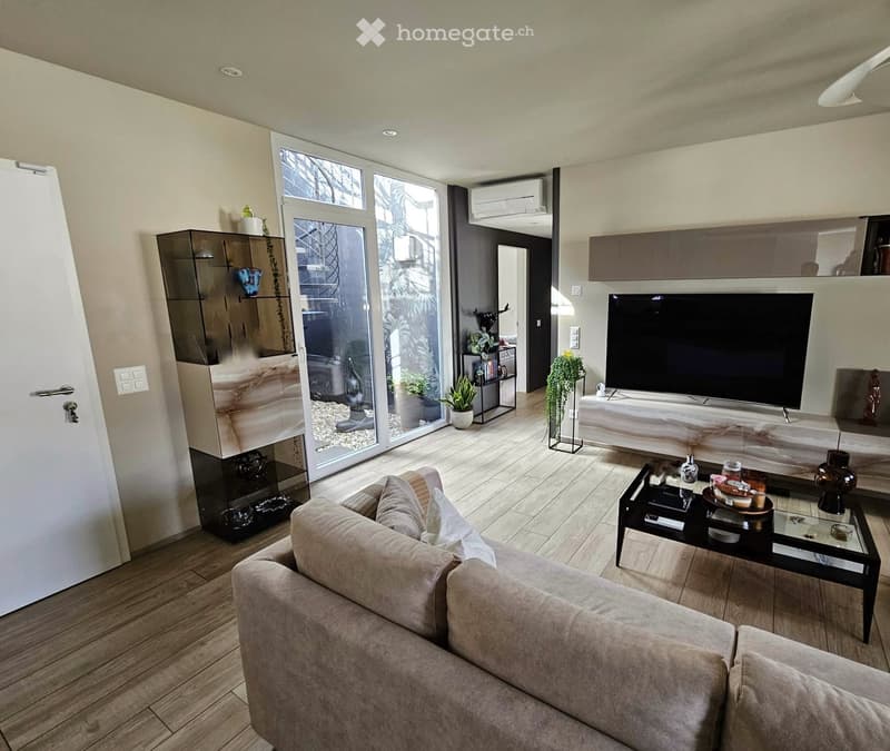 Modern living room, hardwood floor, large windows, large TV, glass coffee table, gray sofa