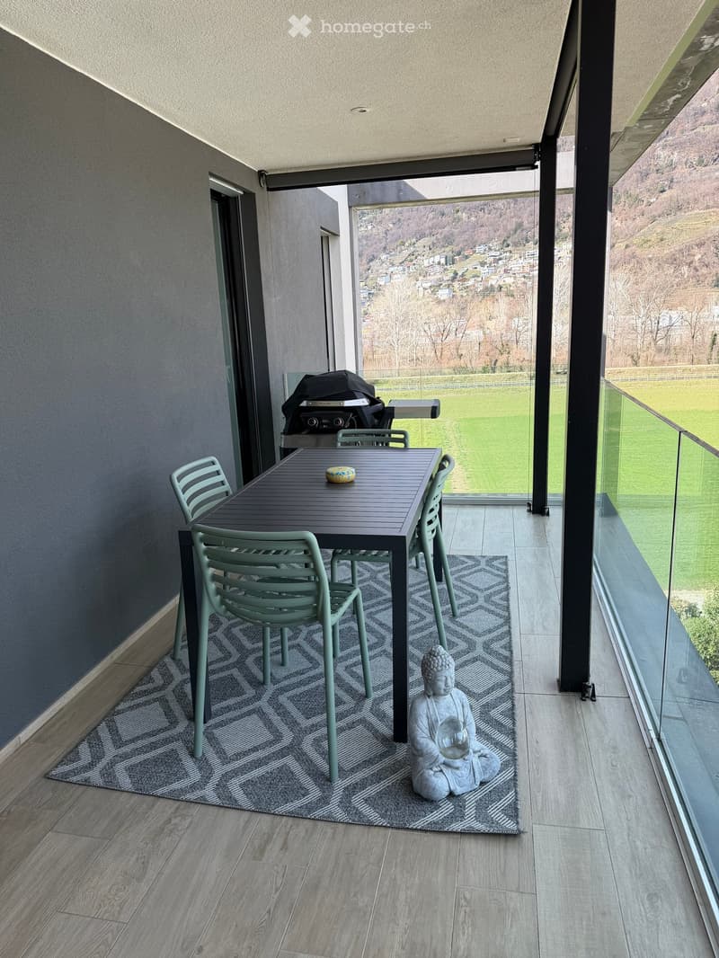 patio with glass railings, table, chairs, carpet, Buddha statue, view of the mountains
