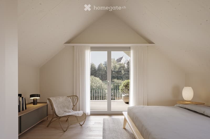 slanted ceiling, large window, chair, desk, bed, balcony, table lamp, books, indoor plant