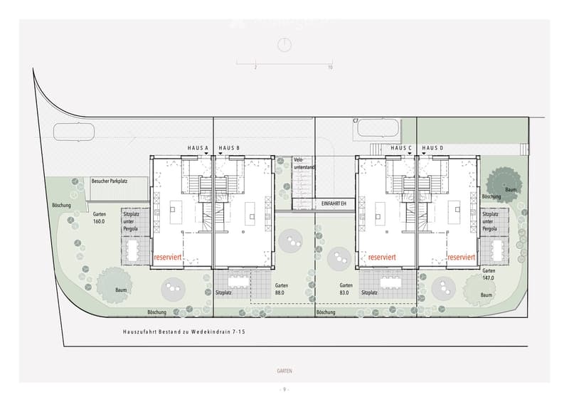 4 houses, each with 2 floors, garden, parking, balcony, terrace