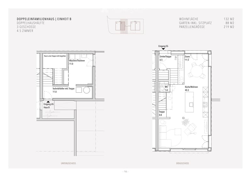 Floor plan showing two levels with 3 bedrooms and 4.5 rooms in total, including basement (UG) and ground floor (EG).