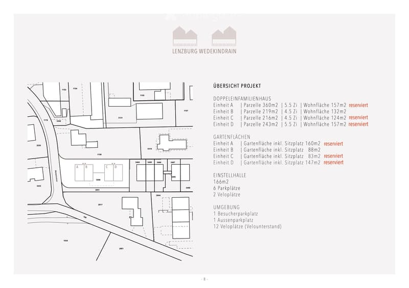 Floor plan of a double family house with 4 units, each with a garden, 2 parking spaces, and 12 bicycle parking spaces.