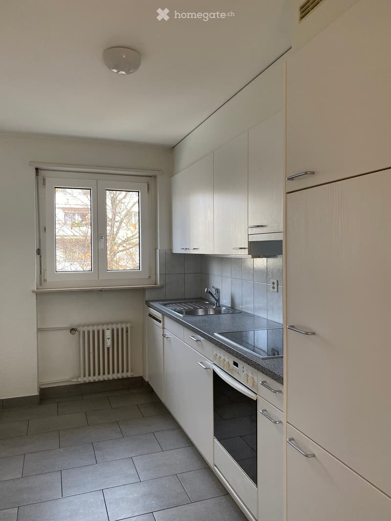 Kitchen, sink, dishwasher, oven, refrigerator, cabinets, floor heating